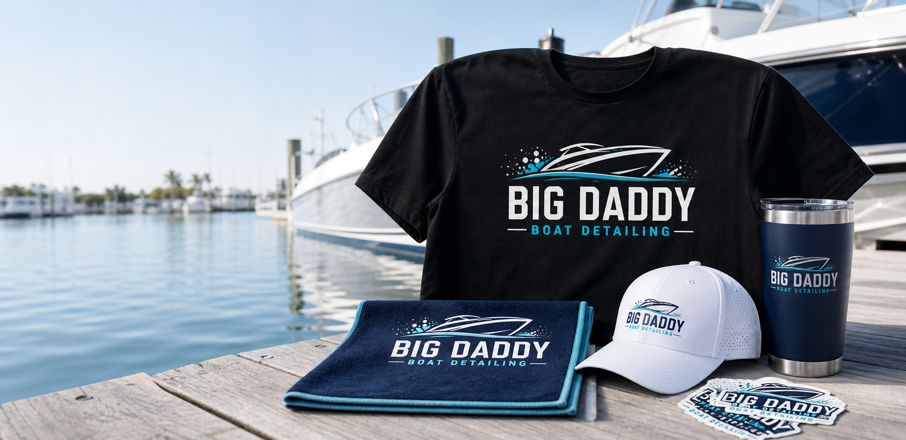 Big Daddy Boat Detailing merchandise with shirts, hat, towel, tumbler, and decals